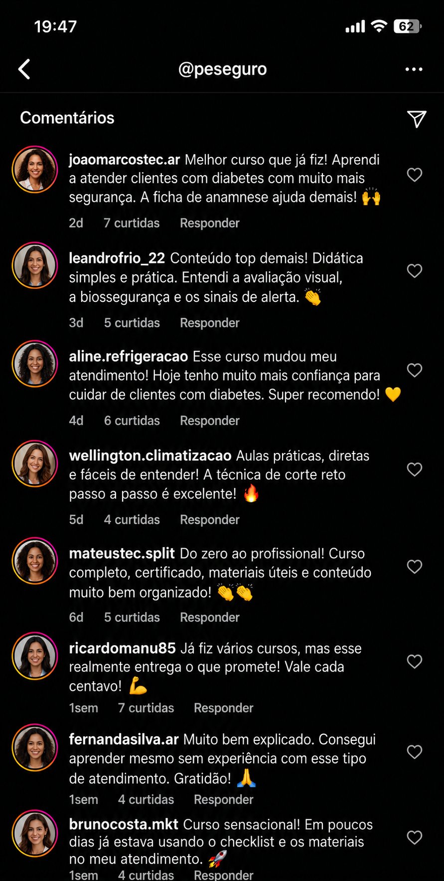 Prints de comentários reais de alunas no Instagram @peseguro